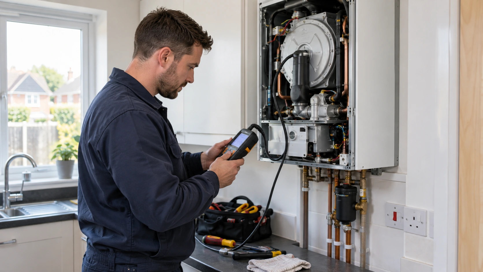 Gas engineer responding calmly to a faulty domestic boiler, checking it with a handheld diagnostic instrument, boiler safely isolated and outer cover removed, plain navy workwear without badges, no flames or panic.