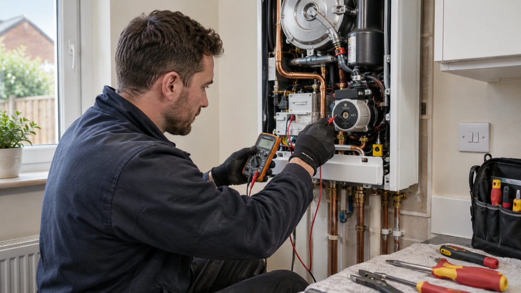 Gas engineer diagnosing an isolated wall-mounted boiler breakdown, checking a visible internal pump component with a meter while open boiler casing reveals orderly pipework, hand tools, no flames or logos.