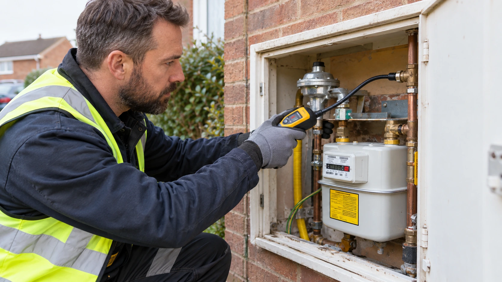Gas engineer investigating a suspected leak after emergency isolation, using a handheld electronic gas detector probe at accessible copper pipe joints inside an open external domestic meter cupboard, no flame or smoking.