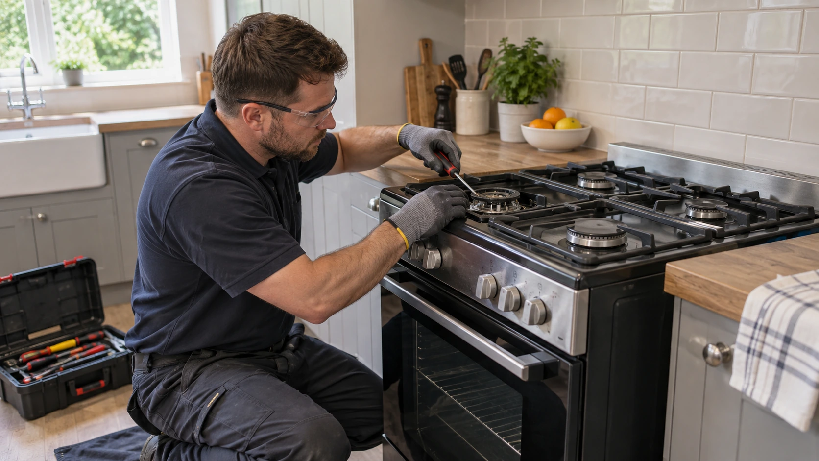 Gas appliance engineer repairing an isolated freestanding domestic gas cooker, carefully checking an accessible burner component with hand tools, cooker top and oven visible in tidy kitchen, no flames or logos.