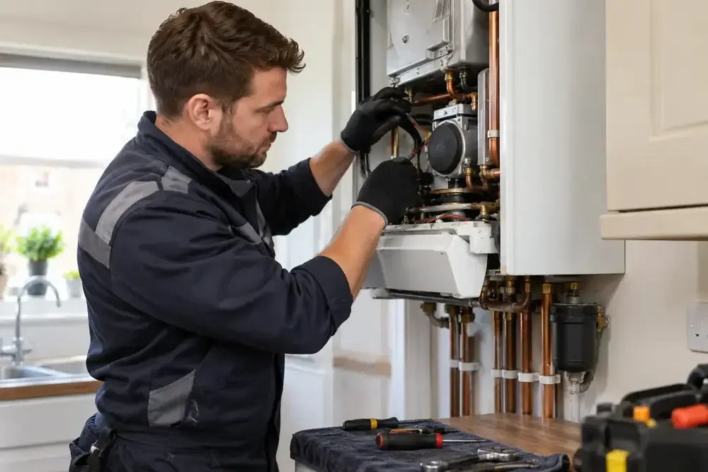 Heating engineer working inside an open wall-mounted boiler