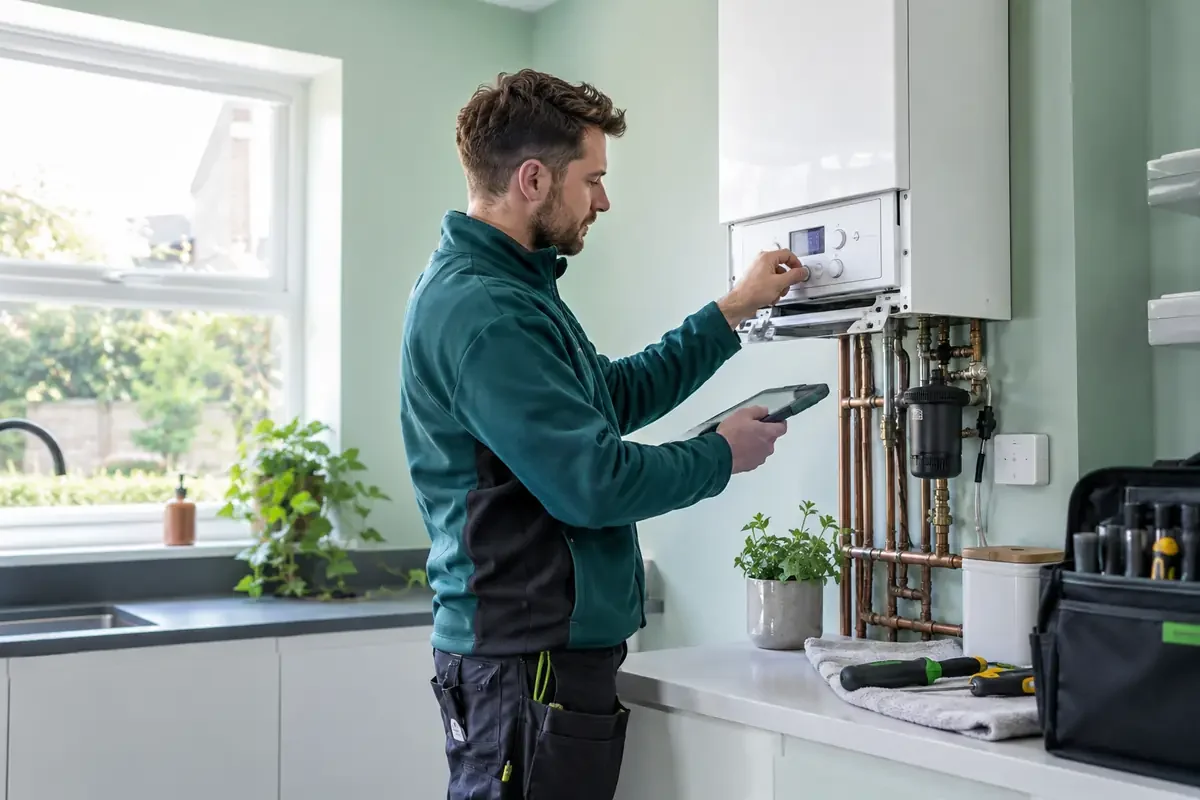 Gas engineer using controls and a tablet beside a boiler