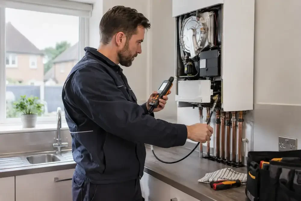 Gas engineer testing an open boiler with a handheld instrument