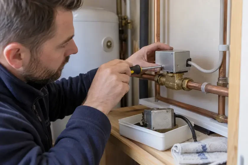 Technician servicing a motorised heating valve in an airing cupboard