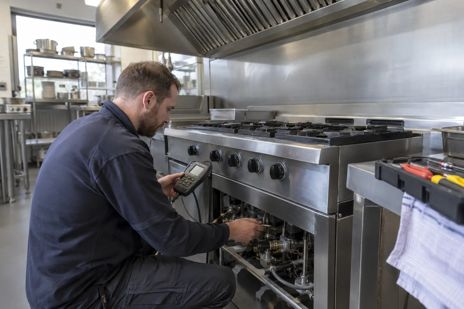 Commercial gas engineers — Commercial gas engineer inspecting the burner assembly of an isolated stainless steel gas range in a professional restaurant kitchen, appropriate handheld analyser and hand tools, no flame, tidy extraction hood visible.