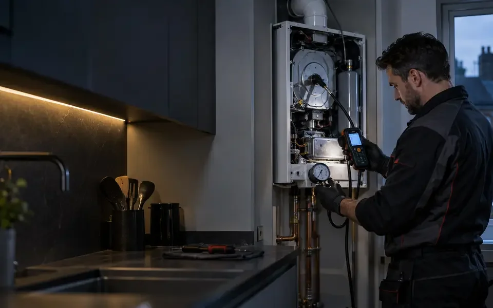 Gas engineer servicing an open boiler in a kitchen at dusk