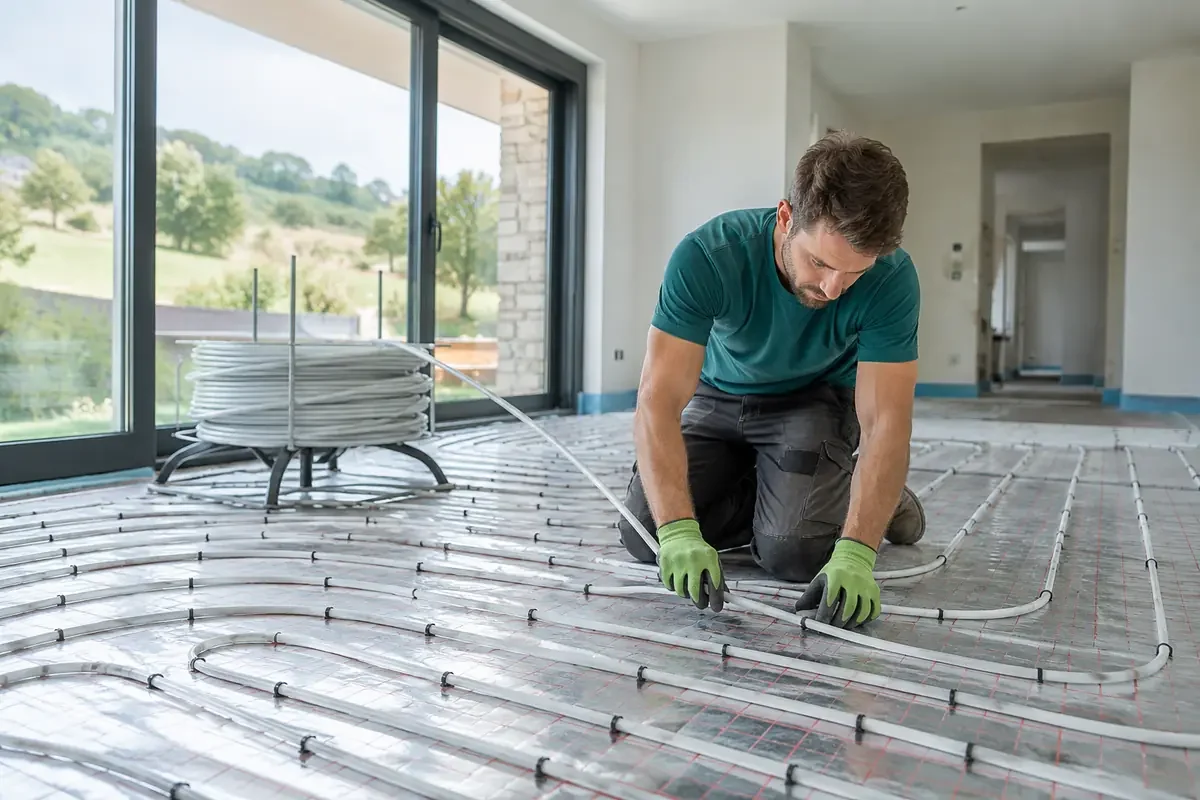 Installer laying loops of underfloor heating pipe