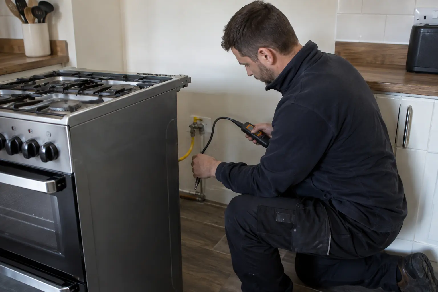 Gas cooker installation — Gas engineer installing a freestanding domestic gas cooker in a UK kitchen, cooker pulled safely forward with rear approved flexible connection accessible, engineer checking connection with handheld leak detector, gas isolated and no flame.