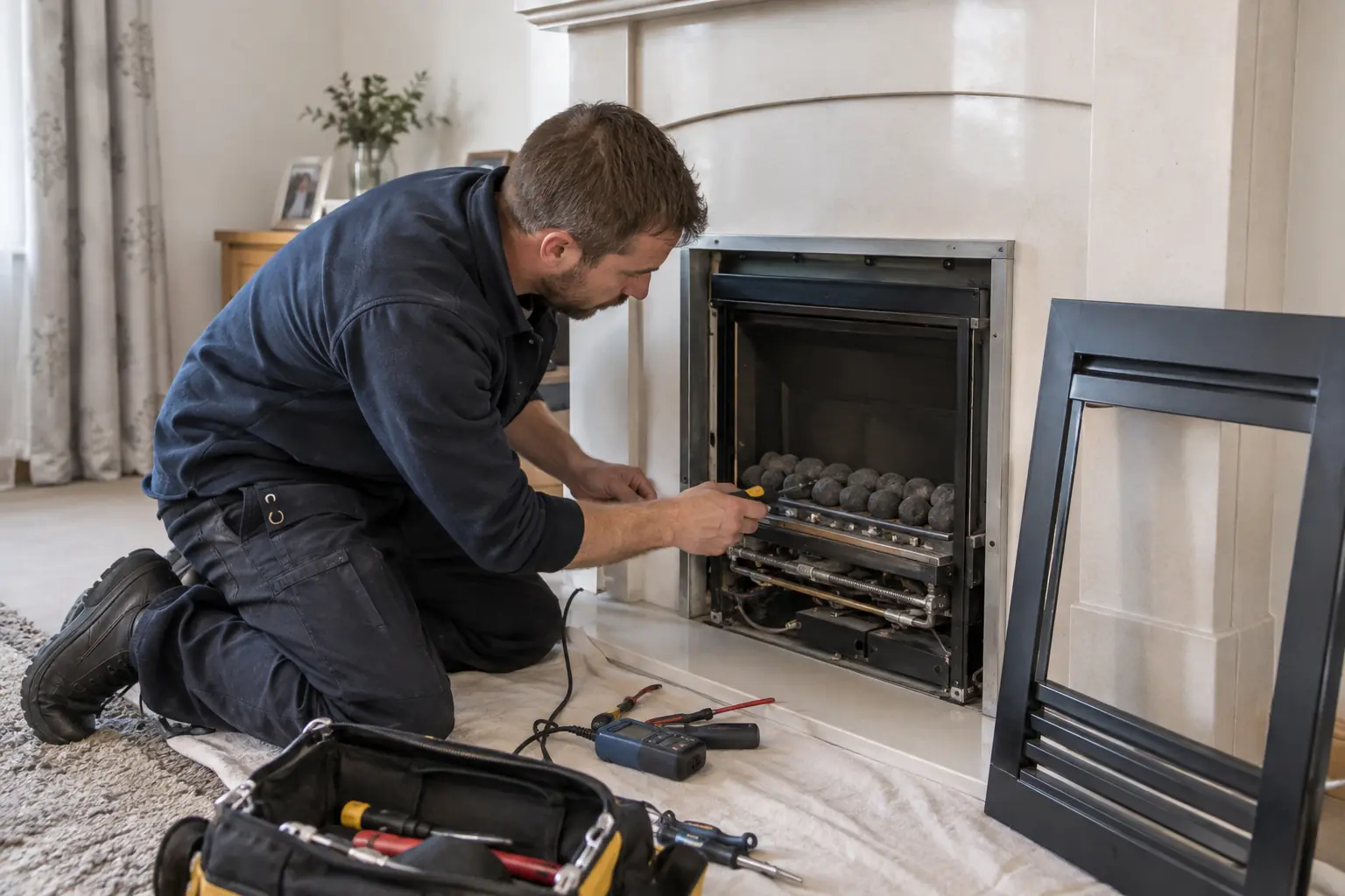 Gas fire servicing — Gas engineer kneeling safely while servicing a domestic inset gas fireplace, front trim carefully removed to access burner bed, hand tools and small diagnostic instrument, appliance off and no flames, clean hearth.
