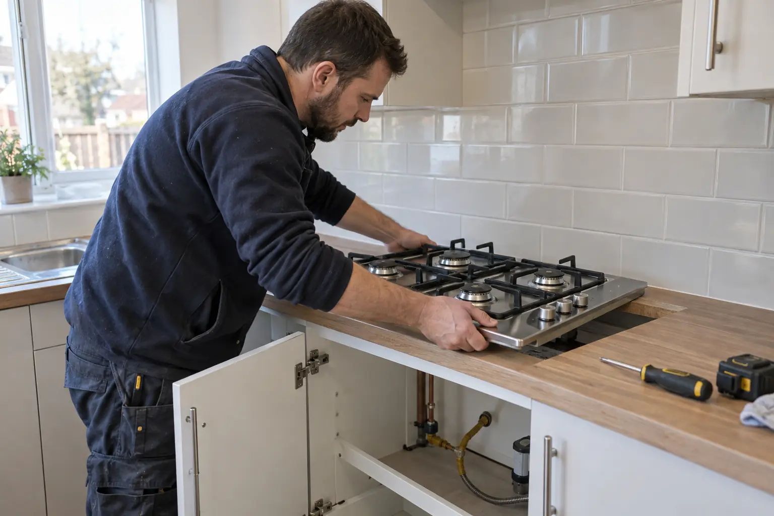 Gas hob installation — Gas engineer carefully fitting a four-burner gas hob into a kitchen worktop cutout, visible metal burner rings and pan supports, cabinet door open below for pipe connection inspection, no flame or powered cutting.