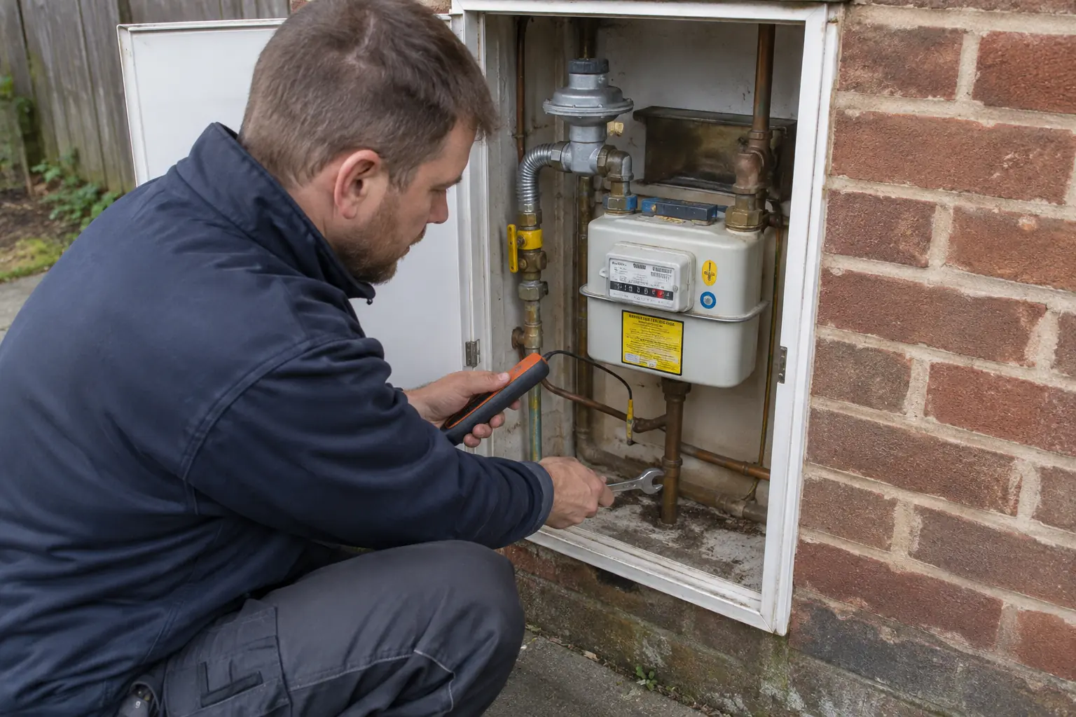 Gas leak investigation — Qualified-looking gas engineer in plain workwear checking accessible consumer-side copper pipe joints beneath a domestic gas meter in an open external meter cupboard, handheld gas detector probe and small spanner visible; supply isolated, calm safe post-emergency inspection, no flame or badges.