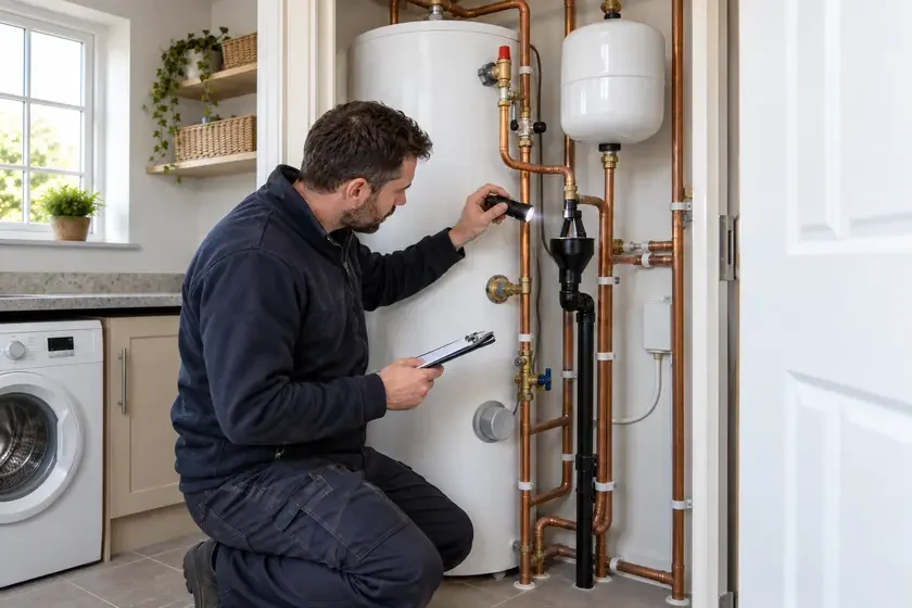 Engineer checking an unvented hot water cylinder with clipboard